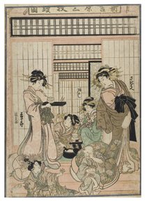Szene aus dem Shin Yoshiwara (Triptychon). Bordellinterieur im Yoshiwara-Viertel mit Kurtisanen und Kunden, um 1830-1843 (Holzschnitt auf Papier)