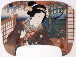 Frühling, Yoshi-cho; Eine Geisha in einem Garten, Entwurf für einen Fächer aus einem Satz von vier, die die Jahreszeiten darstellen von Utagawa Kunisada