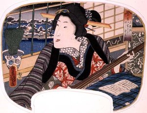 Winter, Shinobazu-Teich; Eine Geisha übt eine Ballade, Entwurf für einen Fächer aus einem Satz von vier, die die Jahreszeiten darstellen