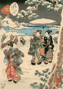 Figuren mit Sonnenschirmen im Schnee (Eine Szene aus Die Geschichte von Genji) von Utagawa (1786 1865) Kunisada