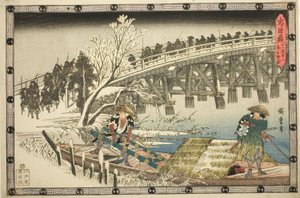 Akt 11, Teil 1: Der Ansatz zum Nachtangriff (Juichidanme ichi, yochi oshiyose), aus der Serie "Die Rache der loyalen Vasallen (Chushingura)" von Utagawa Hiroshige