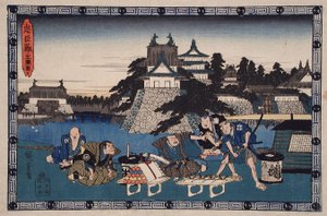 Akt III: Bannai, Moronaos Gefolgsmann, mit einer Liste von Geschenken zur Besänftigung Moronaos, links von Honzō beobachtet von Utagawa Hiroshige