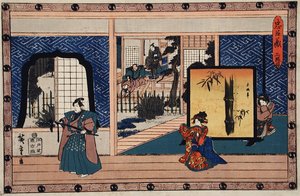 Akt II: Konami empfängt Rikiya, während ihre Mutter zusieht; Honzō hält einen Kiefernzweig, nachdem er ihn mit Wakasanosukes Schwert abgeschnitten hat von Utagawa Hiroshige