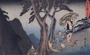 Akt V: Yoichibei, Okarus Vater, wird des Geldes aus ihrem Verkauf an ein Bordell beraubt von Utagawa Hiroshige