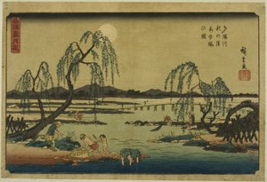Fangen von Süßwasserfischen im Tama-Fluss unter dem Herbstmond (Tamagawa aki no tsuki ayuryo no zu), aus der Serie "Schnee, Mond und Blumen an berühmten Orten (Meisho setsugekka)"