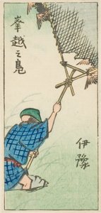 Fangen von Wildenten in der Provinz Iyo (Iyo, okoshi no kamo), Abschnitt des Blattes Nr. 16 aus der Serie "Ausschnittbilder der Provinzen (Kunizukushi harimaze zue)" von Utagawa Hiroshige