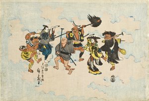 Charaktere aus Ōtsu-e Volksmalereien tanzen Bon-odori von Utagawa Hiroshige