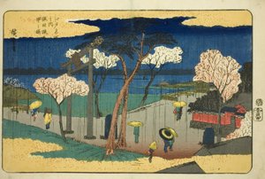 Kirschblüten im Regen am Sumida-Damm (Sumida zutsumi uchu no sakura), aus der Serie "Berühmte Orte in Edo (Edo meisho no uchi)" von Utagawa Hiroshige