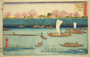 Kirschbäume entlang des Sumida-Flussufers am Mimeguri Inari-Schrein (Sumidagawa Mimeguri Inari tsutsumi no hana), aus der Serie "Berühmte Orte in Edo (Edo meisho)"
