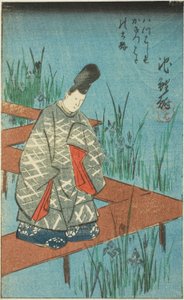 Chiryu: Die alte Geschichte der Schwertlilien an der Yatsuhashi-Brücke (Yatsuhashi no kakitsubata no koji), Abschnitt des Blattes Nr. 12 aus der Serie "Bilder der dreiundfünfzig Stationen der Tokaido-Straße (Tokaido gojusan tsugi zue)" von Utagawa Hiroshige