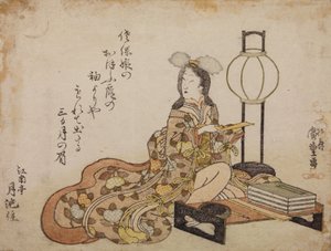 Hofdame neben einem Tisch und einer Lampe von Utagawa Hiroshige
