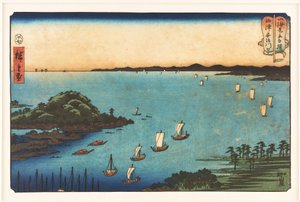 Der Hafen am Ajikawa in der Provinz Settsu aus der Serie »Sumō-Ringkämpfe zwischen Bergen und Meer« von Utagawa Hiroshige