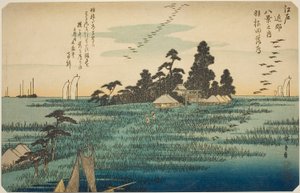 Herabsteigende Gänse in Haneda (Haneda no rakugan), aus der Serie "Acht Ansichten in der Umgebung von Edo (Edo kinko hakkei no uchi)" von Utagawa Hiroshige