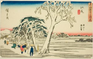 Ejiri: Fernsicht auf den Hafen von Shimizu bei klarem Wetter nach Schneefall, aus der Serie "Dreiundfünfzig Stationen des Tokaido"
