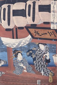 Genießen des Feuerwerks und der Abendkühle an der Ryogoku-Brücke in der östlichen Hauptstadt von Utagawa Hiroshige