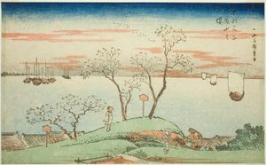 Abendliche Kirschblüten am Goten-Hügel, aus der Serie "Berühmte Ansichten der östlichen Hauptstadt" von Utagawa Hiroshige