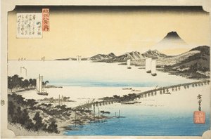 Abendglühen an der Seta-Brücke (Seta no sekisho), aus der Serie "Acht Ansichten von Omi (Omi hakkei no uchi)" von Utagawa Hiroshige