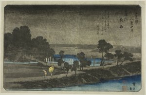Abendregen am Azuma-Schrein (Azuma no mori yau), aus der Serie "Acht Ansichten in der Umgebung von Edo (Edo Kinko hakkei no uchi)"