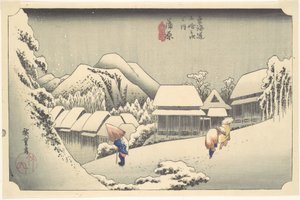 Abendlicher Schnee in Kanbara, aus der Serie „Die 53 Stationen des Tōkaidō“ von Utagawa Hiroshige