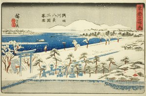 Abendschnee in Mimeguri, Acht Ansichten des Sumida-Flusses (Sumidagawa hakkei, Mimeguri bosetsu), aus der Serie "Berühmte Orte in der östlichen Hauptstadt (Toto meisho no uchi)"
