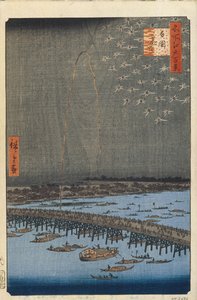 Feuerwerk bei der Ryogoku-Brücke, Einhundert berühmte Ansichten von Edo, 1856-1858