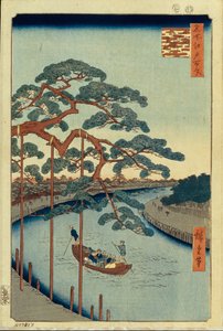Fünf Kiefern und der Onagi-Kanal, Hundert berühmte Ansichten von Edo, 1856-1858 von Utagawa Hiroshige