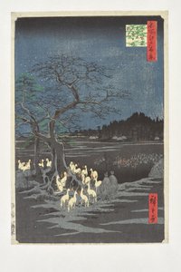 Fuchsfeuer in der Neujahrsnacht unter dem Nesselbaum bei Oji aus der Serie „100 berühmte Ansichten von Edo“ von Utagawa Hiroshige