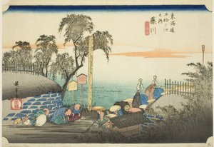 Fujikawa: Ansicht der Postaußenbezirke (Fujikawa, bohana no zu), aus der Serie Die dreiundfünfzig Stationen des Tokaido (Tokaido gojusan tsugi no uchi), auch bekannt als der Hoeido Tokaido