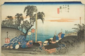 Fujikawa: Blick auf die Außenbezirke der Poststation (Fujikawa, bohana no zu), aus der Serie "Dreiundfünfzig Stationen des Tokaido (Tokaido gojusan tsugi no uchi)," auch bekannt als Hoeido Tokaido