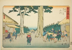 Futakawa: Sarugababa—Nr. 34, aus der Serie "Dreiundfünfzig Stationen des Tokaido (Tokaido gojusan tsugi)," auch bekannt als Reisho Tokaido von Utagawa Hiroshige