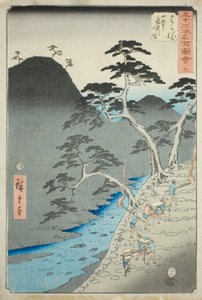 Hakone: Nachtprozession in den Bergen (Hakone, sanchu yagyo no zu), Nr. 11 aus der Serie "Berühmte Sehenswürdigkeiten der dreiundfünfzig Stationen (Gojusan tsugi meisho zue)", auch bekannt als der Vertikale Tokaido