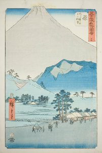 Hara: Ansicht der Ashitaka-Berge und des Fuji (Hara, Ashitakayama Fuji chobo), Nr. 14 aus der Serie "Berühmte Ansichten der dreiundfünfzig Stationen (Gojusan tsugi meisho zue)", auch bekannt als der Vertikale Tokaido von Utagawa Hiroshige