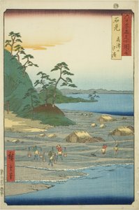 Provinz Iwami: Salzstrände in der Nähe des Takatsu-Hügels (Iwami, Takatsuyama shiohama), aus der Serie "Berühmte Orte in den sechzig Provinzen (Rokujuyoshu meisho zue)" von Utagawa Hiroshige