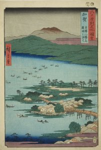 Provinz Kaga: Die Fischfeuer auf dem See Renko, eine der acht landschaftlichen Ansichten von Kanazawa (Kaga, Kanazawa hassho no uchi, Renko no isaribi), aus der Serie "Berühmte Orte in den sechzig Provinzen (Rokujuyoshu meisho zue)"