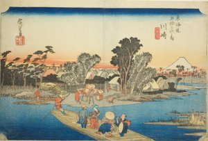 Kawasaki: Die Rokugo-Fähre (Kawasaki, Rokugo watashibune), aus der Serie „Dreiundfünfzig Stationen des Tokaido (Tokaido gojusan tsugi no uchi)“, auch bekannt als Hoeido Tokaido von Utagawa Hiroshige