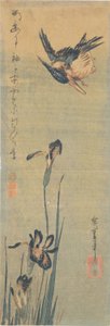 Eisvogel fliegt über eine Iris von Utagawa Hiroshige