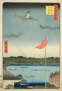 Komagata-Halle und Azuma-Brücke (Komagatado Azumabashi), aus der Serie "Hundert berühmte Ansichten von Edo (Meisho Edo hyakkei)" von Utagawa Hiroshige