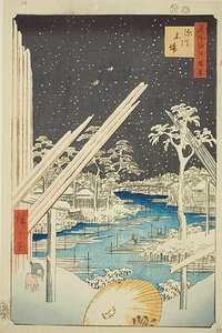 Holzlager in Fukagawa (Fukagawa kiba), mit dunklem Himmel, Nr. 106 aus der Serie "Hundert berühmte Ansichten von Edo (Meisho Edo hyakkei)"