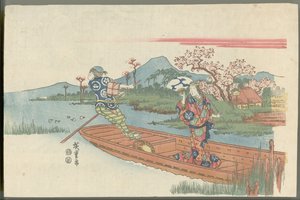 Wahnsinnige in einer Fähre nahe dem Tempel Mokubōji (Szene aus dem Noh-Stück Sumidagawa) von Utagawa Hiroshige