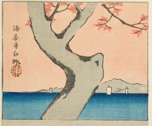 Ahornblätter am Kaian-Tempel (Kaianji benikaede), Abschnitt eines Blattes aus der Serie "Ausschnitte berühmter Orte in Edo (Edo meisho harimaze zue)"