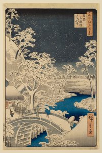 Die Trommelbrücke von Meguro und der Sonnenuntergangshügel, aus der Serie „Hundert berühmte Ansichten von Edo“ von Utagawa Hiroshige