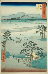 Mitsuke: Fähre auf dem Tenryu-Fluss (Mitsuke, Tenryugawa funewatashi), Nr. 29 aus der Serie Berühmte Ansichten der dreiundfünfzig Stationen (Gojusan tsugi meisho zue), auch bekannt als der Vertikale Tokaido von Utagawa Hiroshige