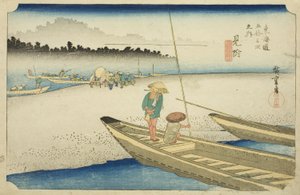 Mitsuke: Blick auf den Tenryu-Fluss (Mitsuke, Tenryugawa zu), aus der Serie "Dreiundfünfzig Stationen des Tokaido (Tokaido gojusan tsugi no uchi)," auch bekannt als Hoeido Tokaido von Utagawa Hiroshige