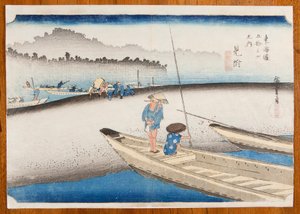 Mitsuke am Fluss Tenryu-gawa im Morgennebel / Mitsuke, Tenryu-gawa zu, Tafel 29 aus der Serie: Dreiundfünfzig Stationen der Tokaido-Straße von Utagawa Hiroshige