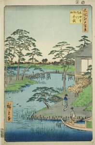 Mokubo-Tempel, Uchigawa-Bucht und Gozensaihata, aus der Serie "Hundert berühmte Ansichten von Edo" von Utagawa Hiroshige