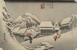 Nachtschnee in Kanbara, aus der Serie Dreiundfünfzig Stationen des Tōkaidō von Utagawa Hiroshige