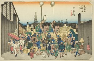 Nihonbashi: Prozession Abfahrt, aus der Serie "Dreiundfünfzig Stationen der Tokaido-Straße," auch bekannt als Hoeido Tokaido von Utagawa Hiroshige
