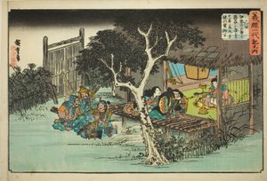 Nr. 6: Ise no Saburo schwört Ushiwakamaru die Treue (Rokukai, Ise no Saburo ga kakurega ni yadorite Ushiwakamaru shuju o yakusu), aus der Serie "Das Leben von Yoshitsune (Yoshitsune Ichidaiki no uchi)"