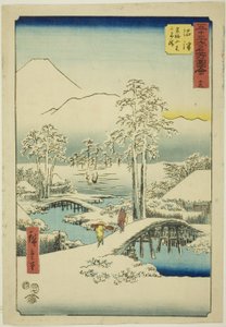 Numazu: Berg Fuji und Berg Ashigara bei klarem Wetter nach Schnee, Nr. 13 (Numazu, Ashigarayama Fuji no yukibare), aus der Serie "Berühmte Ansichten der 53 Stationen (Gojusan tsugi meisho zue)", auch bekannt als die Vertikale Tokaido