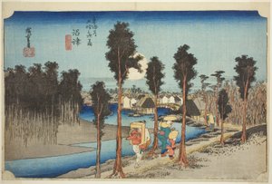 Numazu: Dämmerung (Numazu, tasogare zu), aus der Serie "Dreiundfünfzig Stationen der Tokaido-Straße (Tokaido gojusan tsugi no uchi)", auch bekannt als Hoeido Tokaido